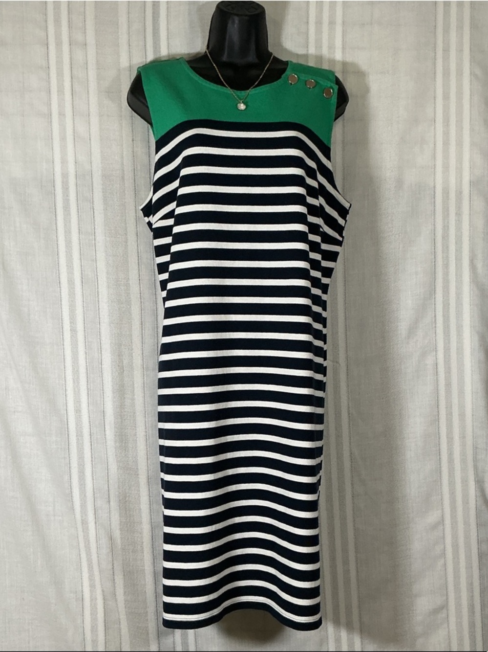 Lands End Green and Navy Striped Sleeveless Shift Dress
